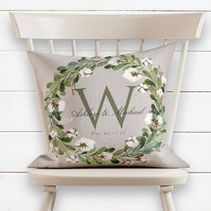 Rustic Wreath Green Monogram Wedding Keepsake Cushion