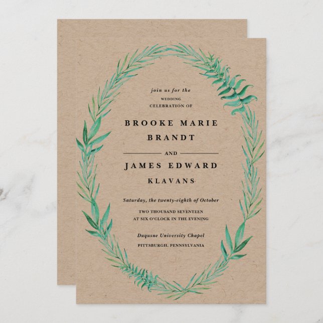 Rustic Wreath Greenery Wedding Invitation (Front/Back)