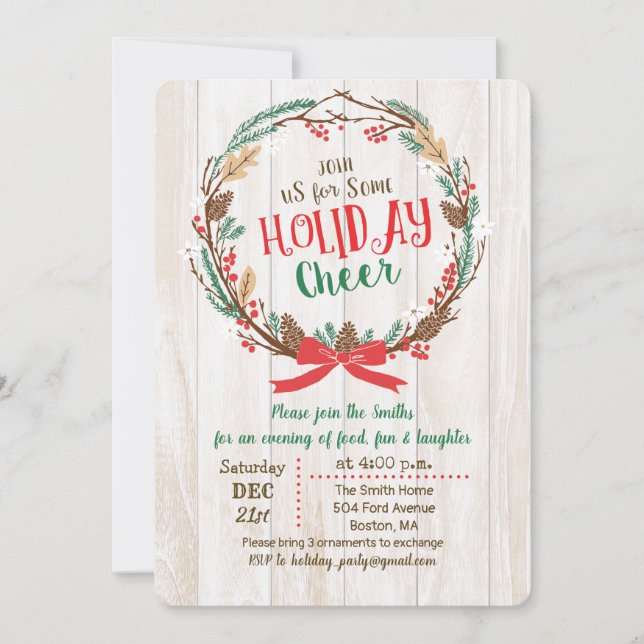Rustic Wreath Holiday Christmas Party Invitation (Front)