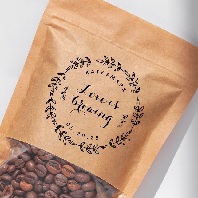 Rustic Wreath Love is Brewing Wedding Coffee Favor Self-inking Stamp (Creator Uploaded)