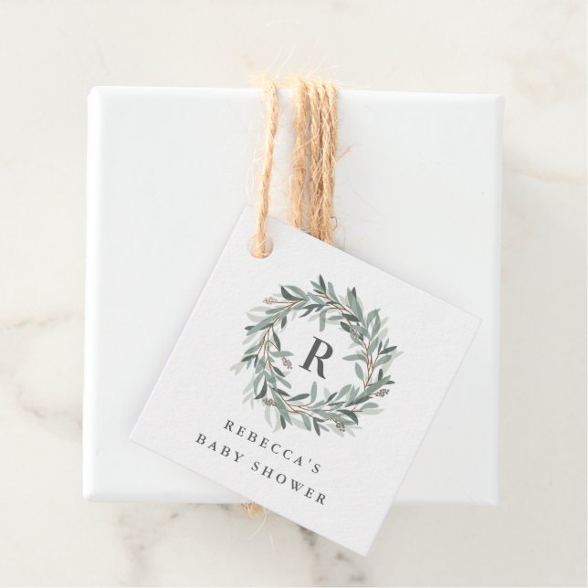 Rustic wreath monogram baby shower favour tag (In Situ)
