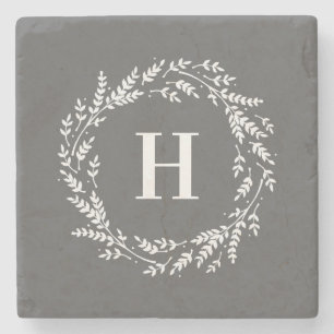 Rustic Wreath Monogram Stone Coaster