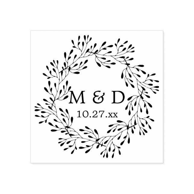 Rustic Wreath Monogram Wedding Rubber Stamp (Imprint)
