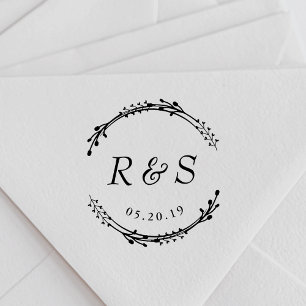 Rustic Wreath Monogram Wedding Save the Date Self-inking Stamp
