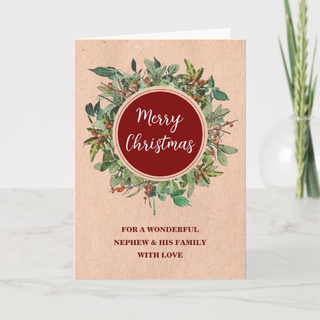 Rustic Wreath Nephew & Family Merry Christmas Card (Front)