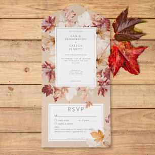 Rustic Wreath of Fall Leaves Tan Details All In One Invitation