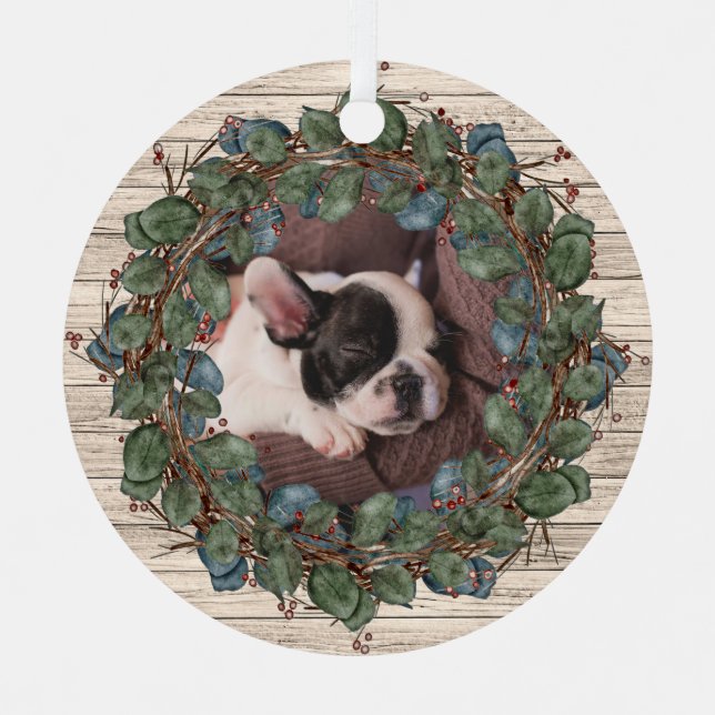 Rustic Wreath on Wood Pet Photo Metal Tree Decoration (Front)