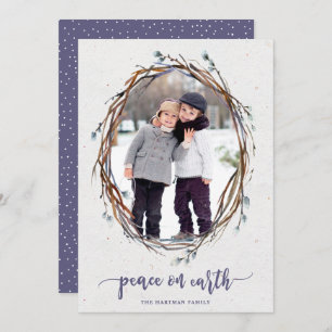 Rustic Wreath Peace on Earth Photo Purple Holiday Card