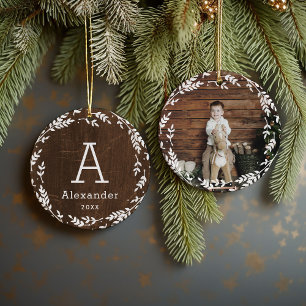 Rustic Wreath Photo and Monogram Keepsake Ceramic Tree Decoration