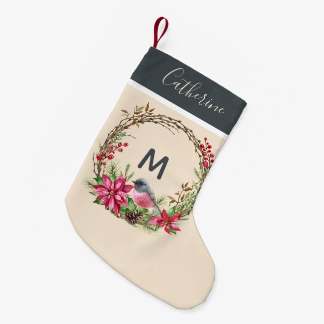 Rustic Wreath Poinsetta Bird Berries Monogram Small Christmas Stocking (Front (Hanging))