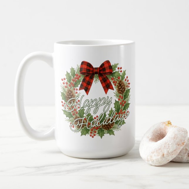 Rustic Wreath Red Black Checkered Bow Holiday Coffee Mug (With Donut)