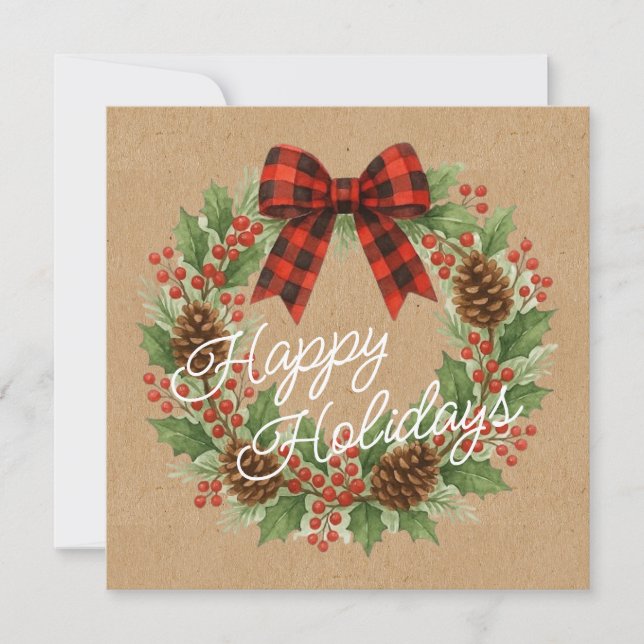 Rustic Wreath Red Black Chequered Bow Holiday Card (Front)