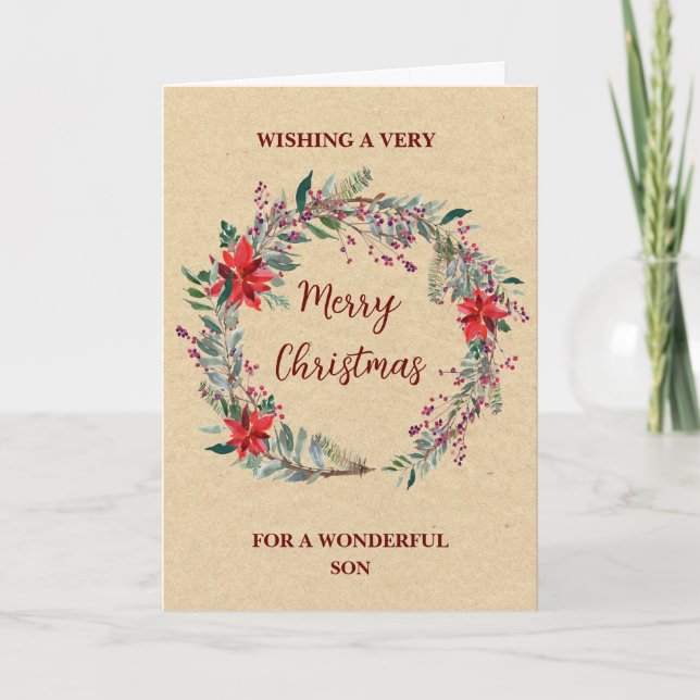 Rustic Wreath Son Merry Christmas Card (Front)