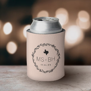 Rustic Wreath Texas Wedding Monogram Blush Can Cooler