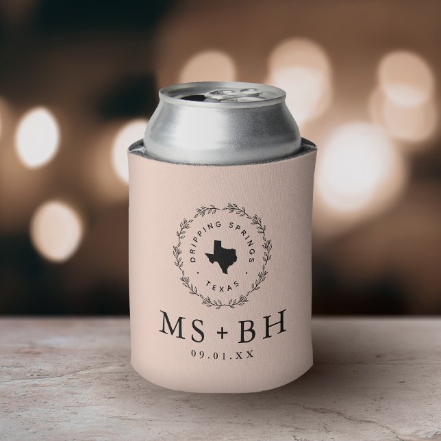 Rustic Wreath Texas Wedding Monogram | Blush Can Cooler (Creator Uploaded)