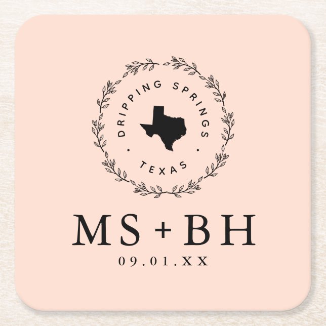 Rustic Wreath Texas Wedding Monogram | Blush Square Paper Coaster (Front)
