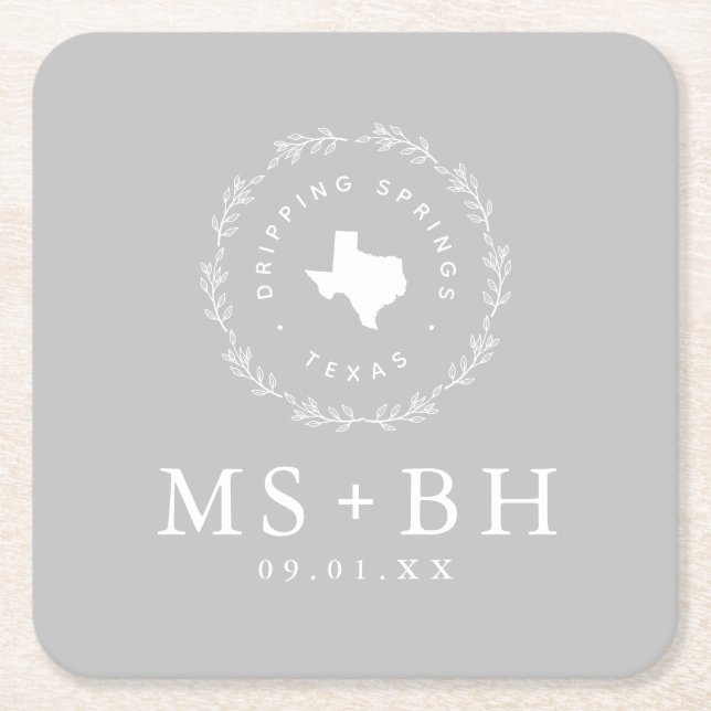 Rustic Wreath Texas Wedding Monogram | Grey Square Paper Coaster (Front)