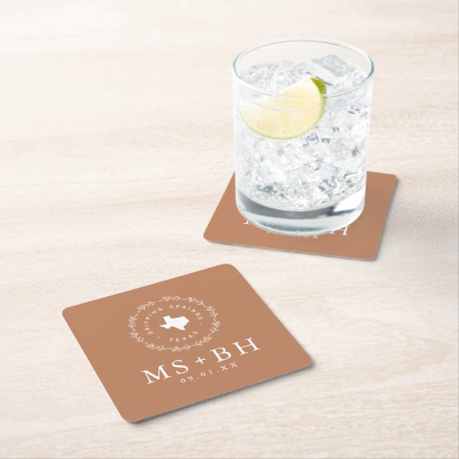 Rustic Wreath Texas Wedding Monogram | Terra Cotta Square Paper Coaster (Insitu)