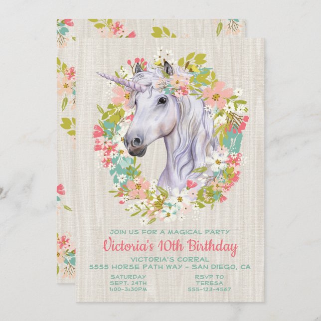 Rustic Wreath Unicorn Birthday Party Invitation (Front/Back)