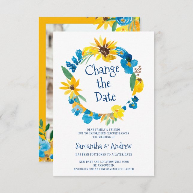 Rustic wreath watercolor change date wedding invitation (Front/Back)