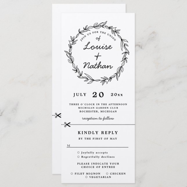 Rustic wreath wedding invitation rsvp attached (Front/Back)