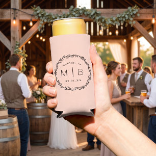 Rustic Wreath Wedding Monogram Blush Pink Seltzer Can Cooler