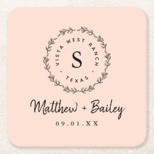 Rustic Wreath Wedding Monogram Blush Square Paper Coaster