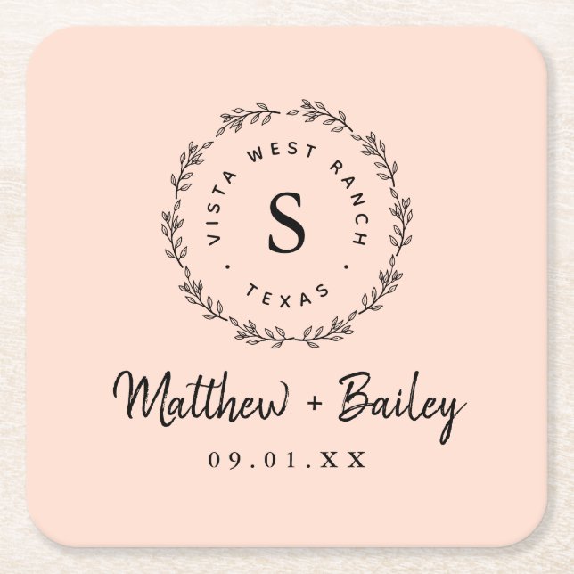 Rustic Wreath Wedding Monogram | Blush Square Paper Coaster (Front)