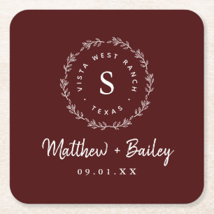 Rustic Wreath Wedding Monogram Burgundy Square Paper Coaster