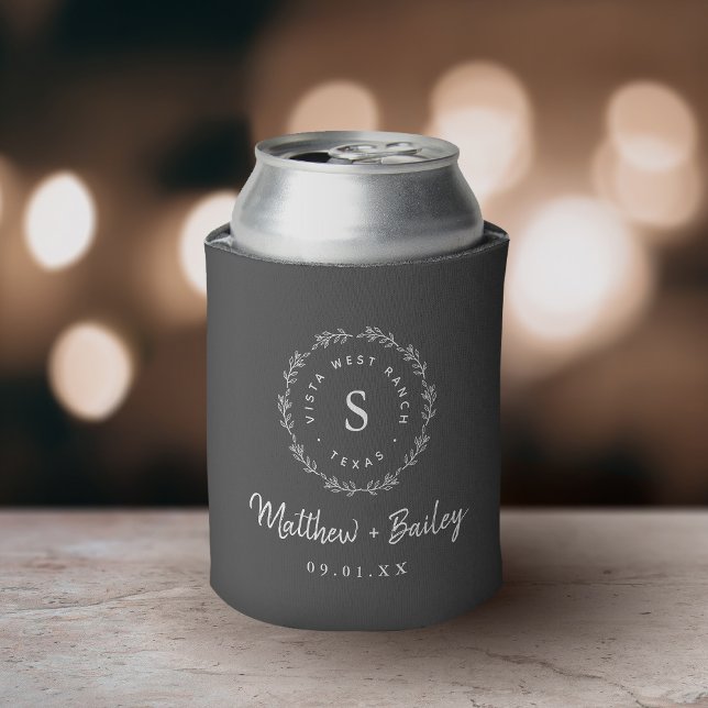 Rustic Wreath Wedding Monogram | Charcoal Can Cooler (Creator Uploaded)