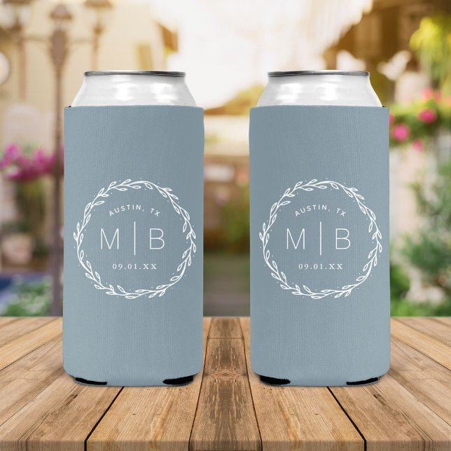 Rustic Wreath Wedding Monogram | Dusty Blue Seltzer Can Cooler (Creator Uploaded)