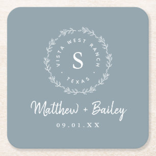 Rustic Wreath Wedding Monogram   Dusty Blue Square Paper Coaster