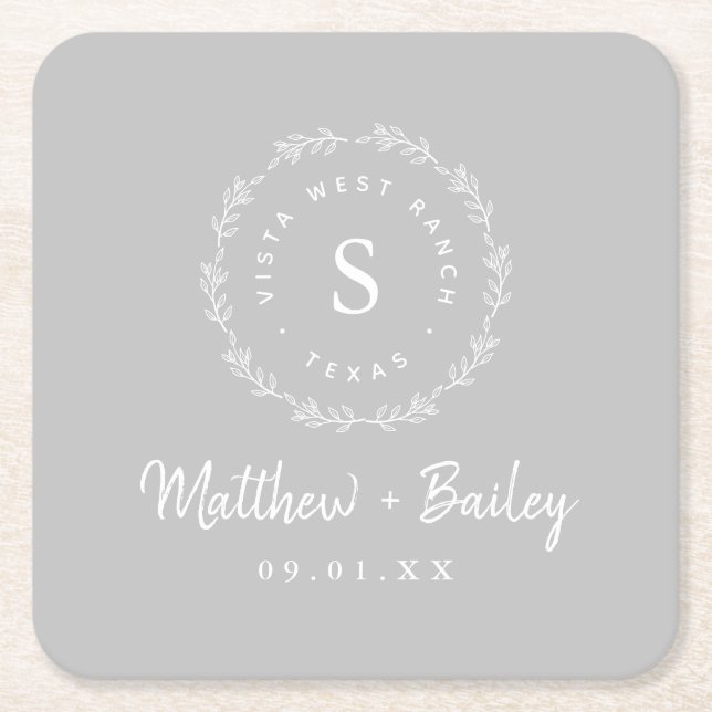 Rustic Wreath Wedding Monogram | Grey Square Paper Coaster (Front)
