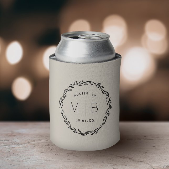Rustic Wreath Wedding Monogram | Light Beige Can Cooler (Creator Uploaded)