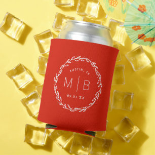 Rustic Wreath Wedding Monogram Red Can Cooler