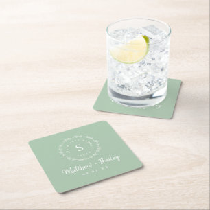 Rustic Wreath Wedding Monogram Sage Square Paper Coaster