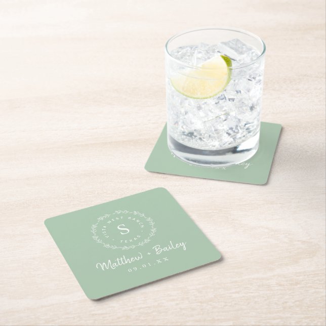 Rustic Wreath Wedding Monogram | Sage Square Paper Coaster (Insitu)