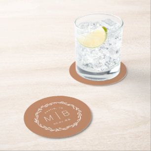 Rustic Wreath Wedding Monogram Terra Cotta Round Paper Coaster