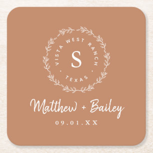 Rustic Wreath Wedding Monogram Terra Cotta Square Paper Coaster