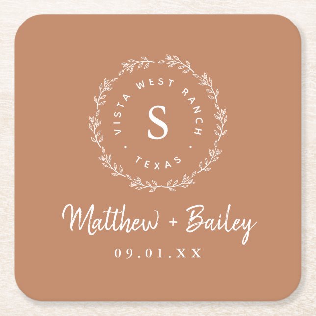 Rustic Wreath Wedding Monogram | Terra Cotta Square Paper Coaster (Front)