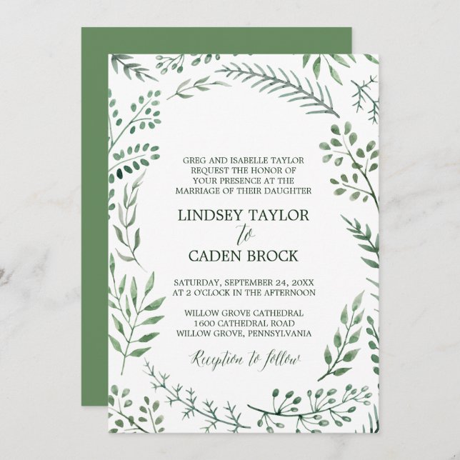 Rustic Wreath with Green Leaves Formal Wedding Invitation (Front/Back)