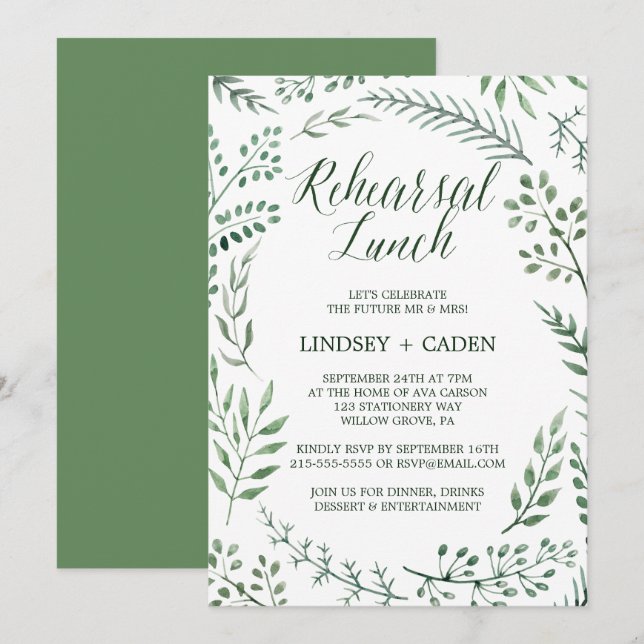 Rustic Wreath with Green Leaves Rehearsal Lunch Invitation (Front/Back)