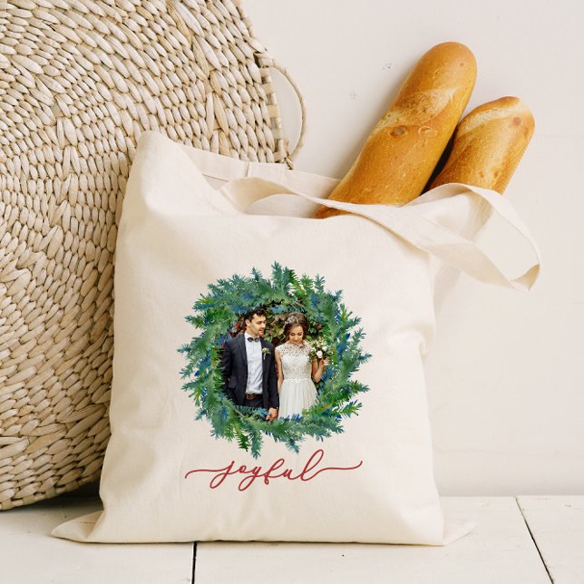 Rustic Wreath with Joyful Script and Photo Holiday Tote Bag (Creator Uploaded)