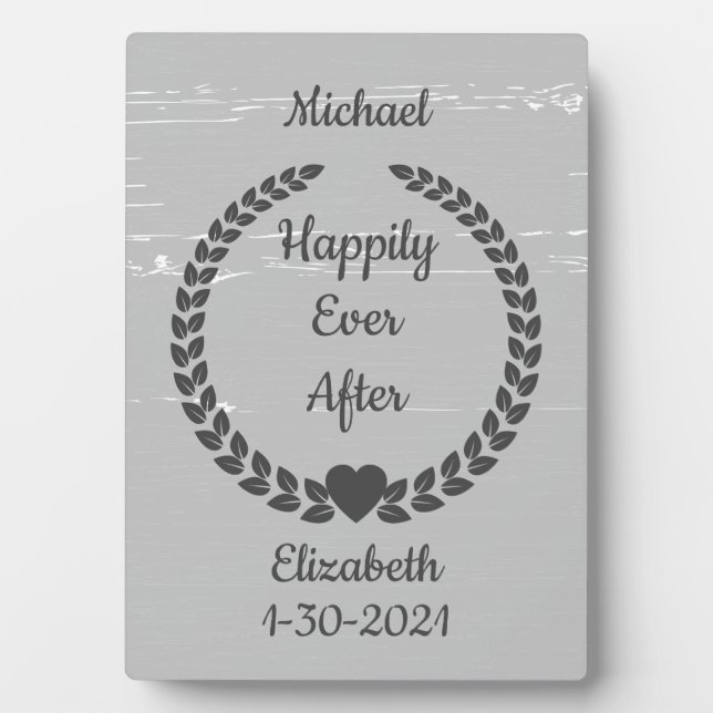 Rustic Wreath Wood Grey Happily Ever After Custom Plaque (Front)