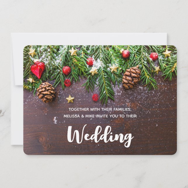 Rustic Xmas Table with Pine & Snow Wedding Invitation (Front)