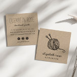 Rustic Yarn | Kraft Square Business Card<br><div class="desc">Rustic brown kraft business cards for your handmade, artisan, or craft business feature two lines of custom text on the front in handwritten style block and script lettering, with an illustration of a ball of yarn with two knitting needles. Add five lines of custom text to the reverse side in...</div>