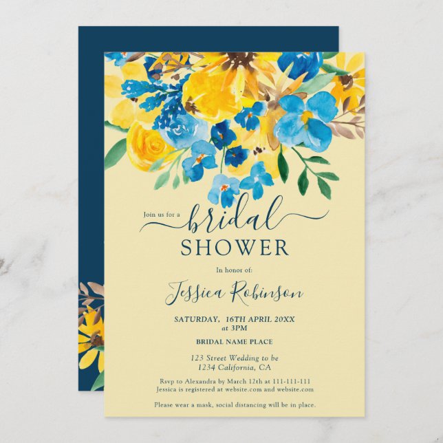 Rustic yellow blue floral watercolor bridal shower invitation (Front/Back)