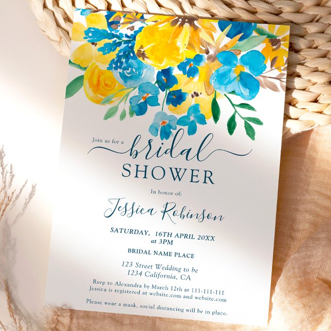 Rustic yellow blue floral watercolor bridal shower invitation (Creator Uploaded)