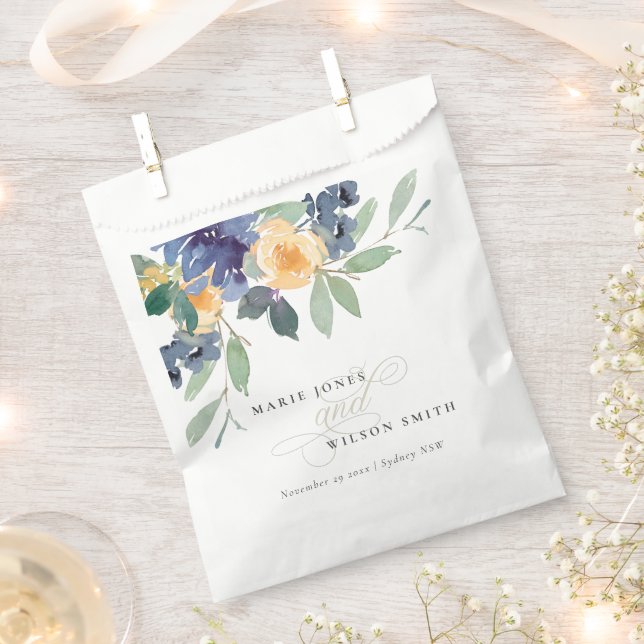 Rustic Yellow Blue Watercolor Floral Wedding Favour Bags (Clipped)