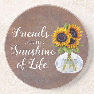 Rustic Yellow Brown Sunflowers Vase Friend Quote Coaster